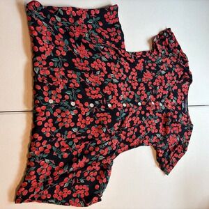 J.G. Hook Midi Dress Petite P Black Red Cherry Print Button Front Vintage Rayon